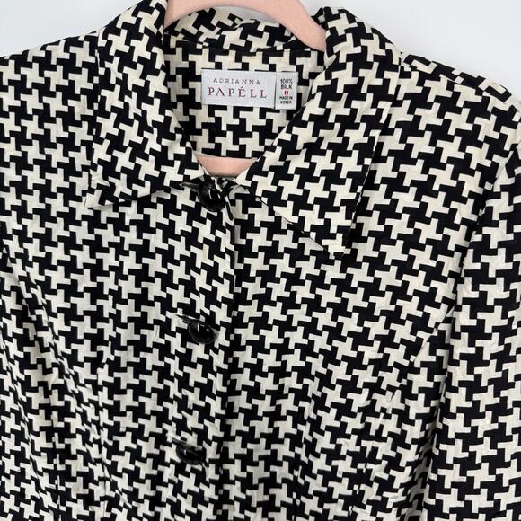 Adrianna Papell Silk Button up Top size 8 Black White Houndstooth Collared - Picture 2 of 10